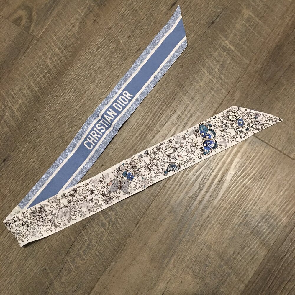 Christian Dior Floral Mitzah Blue and White Twilly Scarf